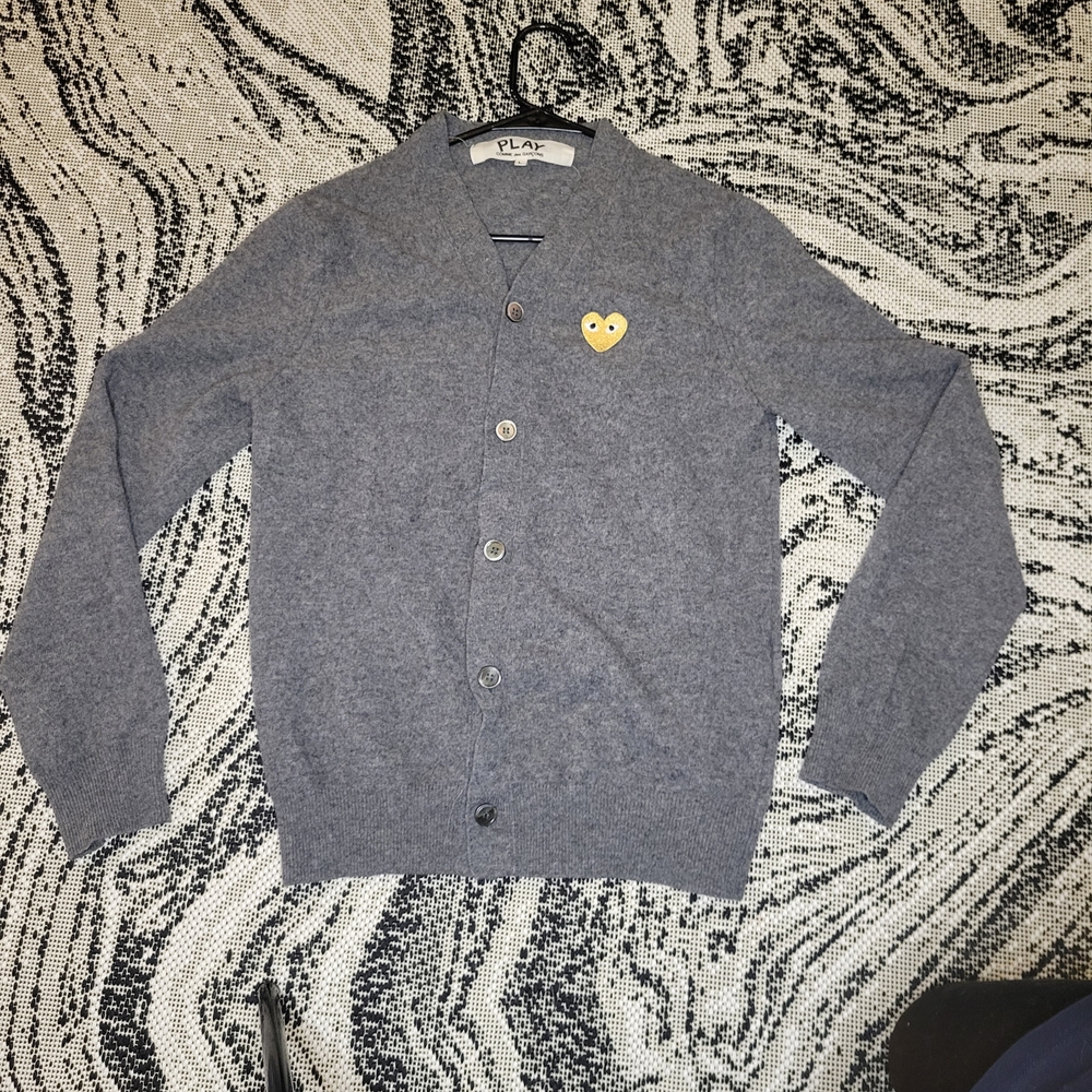 Comme des Garcons Play Gray V-Neck Cardigan with Yellow Heart